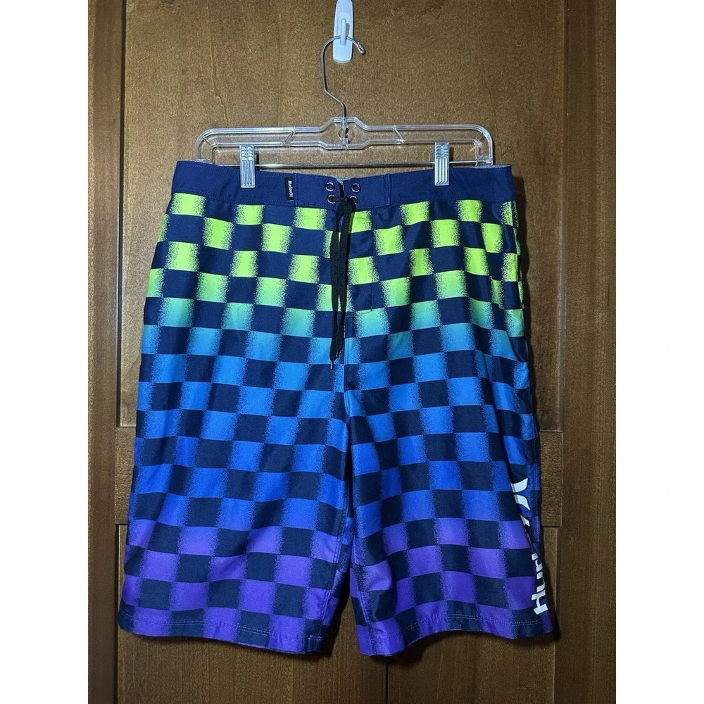 Hurley Board Shorts Mens 20x30 Blue Green Purple Checkered Swim Trunks‎